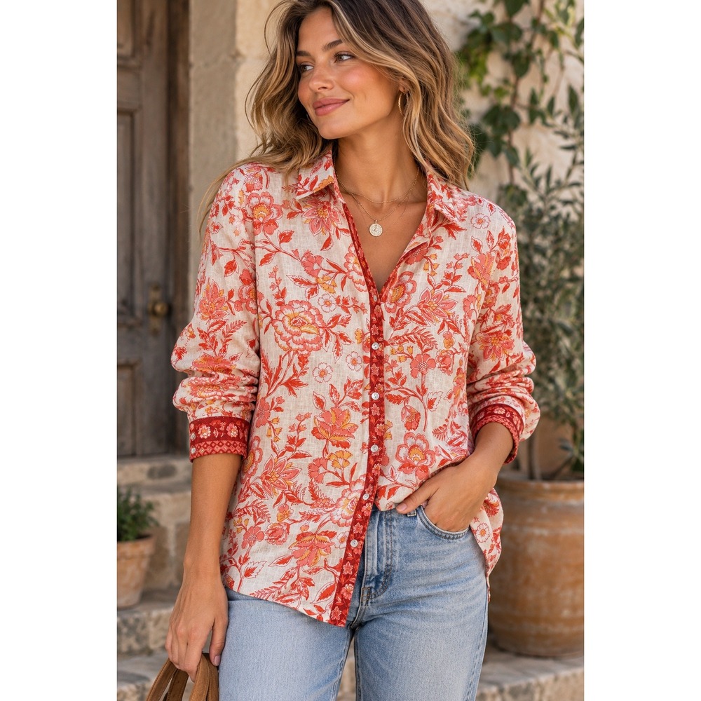 Rachel Zoe Womens Large 100% Linen Button Down Shirt Floral Coastal Long Sleeve